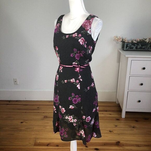 Vtg 90s Y2K K Petite Chiffon Black Polka Dot Dress 6P Pink Floral A Line Flirty - Picture 2 of 12